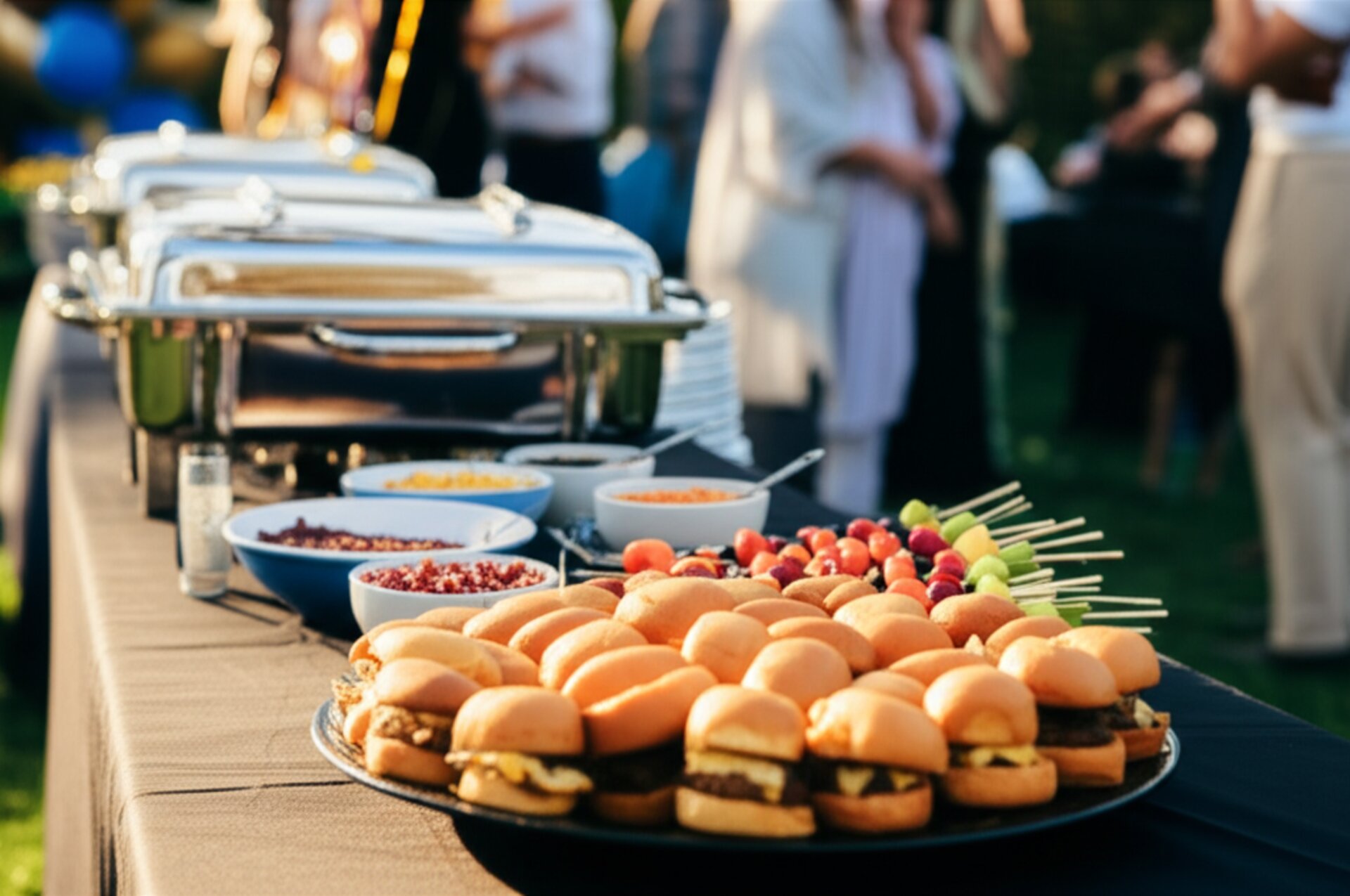 Graduation party catering buffet with sliders and chafing dishes at golden hour